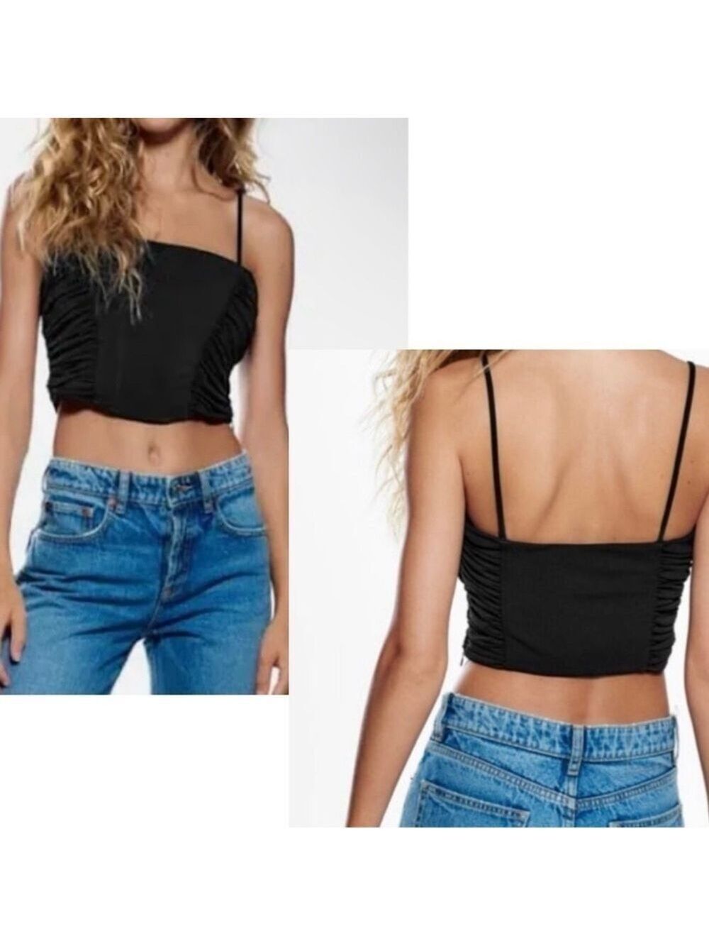 Zara black ruched corset bustier crop top spaghetti straps Sz S